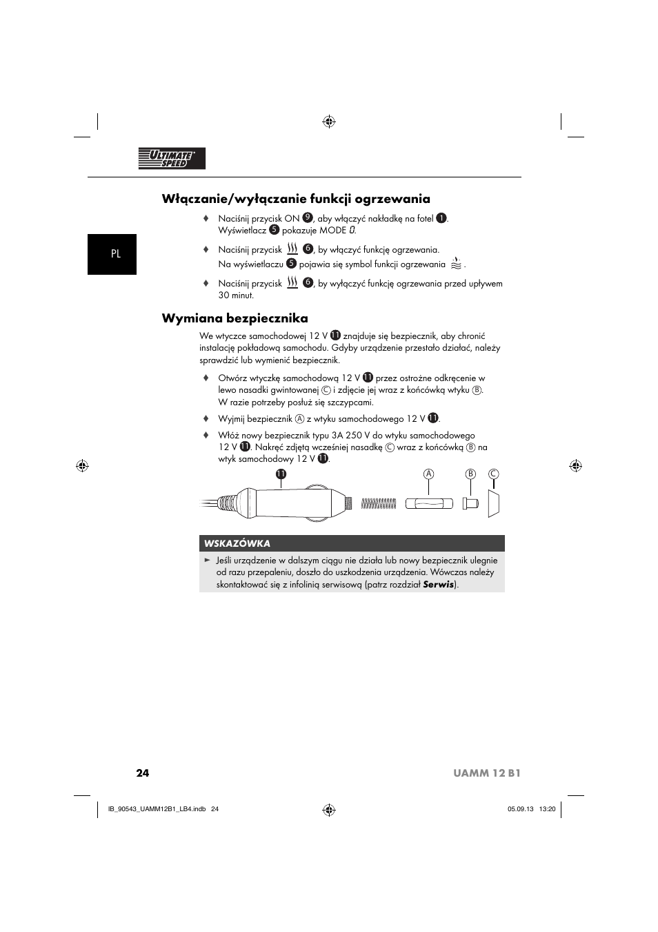 Włączanie/wyłączanie funkcji ogrzewania, Wymiana bezpiecznika | Ultimate Speed UAMM 12 B1 User Manual | Page 27 / 87