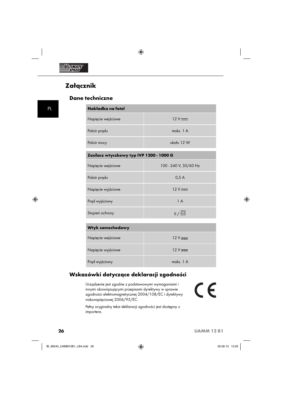 Załącznik, Dane techniczne, Wskazówki dotyczące deklaracji zgodności | Ultimate Speed UAMM 12 B1 User Manual | Page 29 / 87