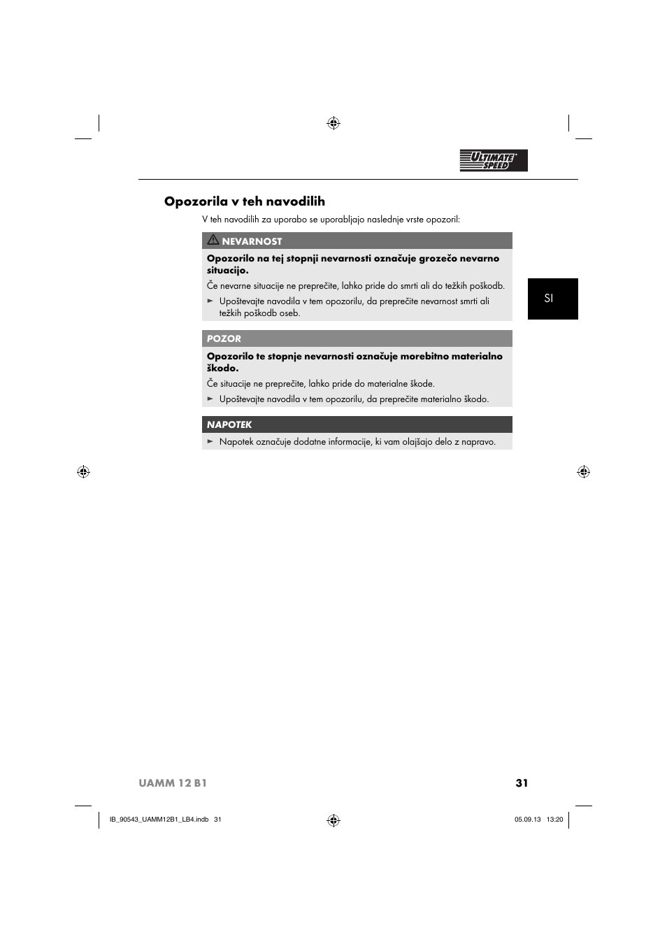 Opozorila v teh navodilih | Ultimate Speed UAMM 12 B1 User Manual | Page 34 / 87
