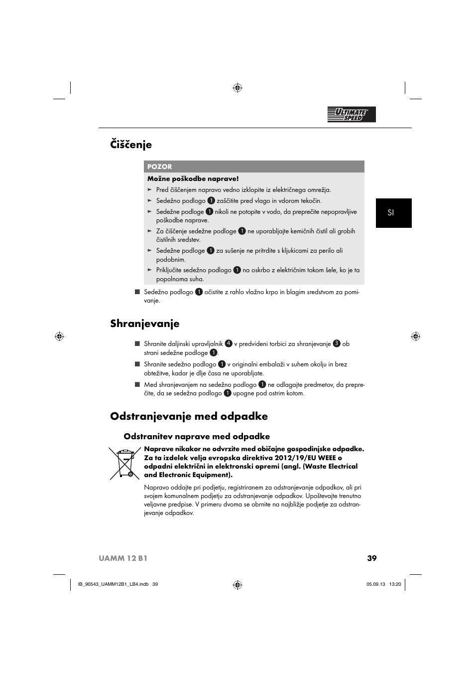 Čiščenje, Shranjevanje, Odstranjevanje med odpadke | Odstranitev naprave med odpadke | Ultimate Speed UAMM 12 B1 User Manual | Page 42 / 87