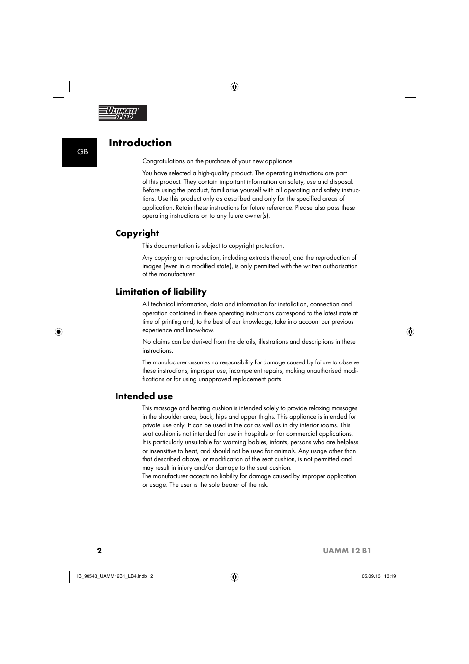 Introduction, Copyright, Limitation of liability | Intended use | Ultimate Speed UAMM 12 B1 User Manual | Page 5 / 87