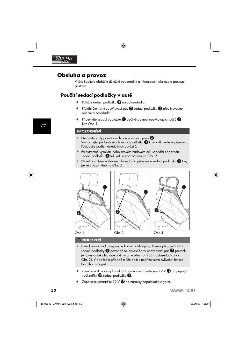Obsluha a provoz, Použití sedací podložky v autě | Ultimate Speed UAMM 12 B1 User Manual | Page 53 / 87