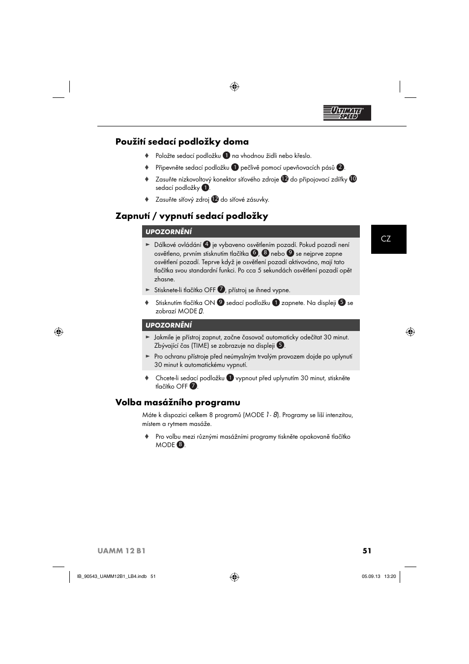 Použití sedací podložky doma, Zapnutí / vypnutí sedací podložky, Volba masážního programu | Ultimate Speed UAMM 12 B1 User Manual | Page 54 / 87