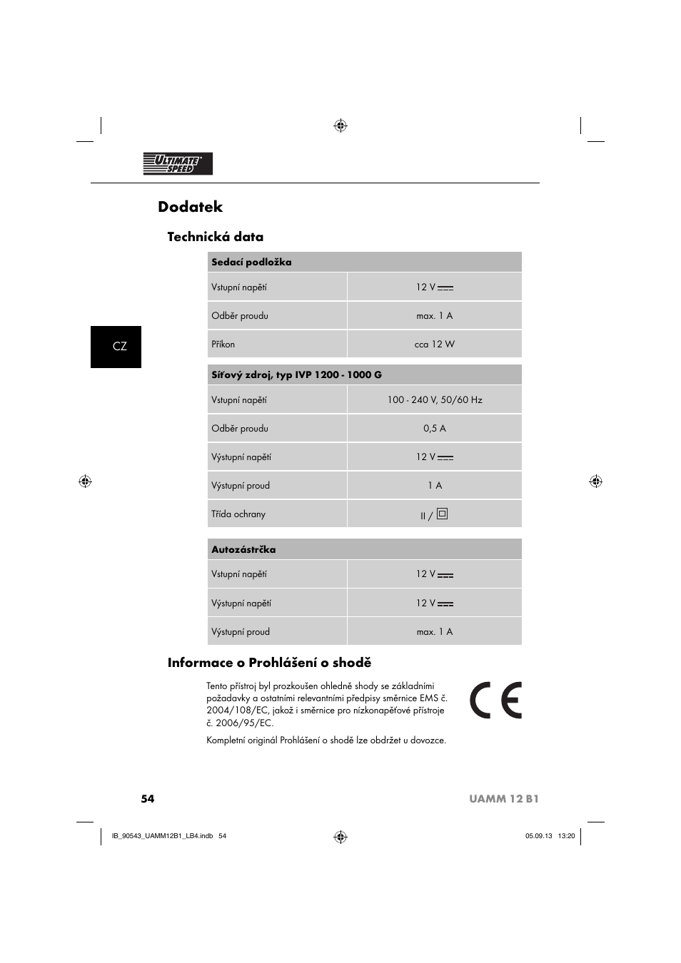 Dodatek, Technická data, Informace o prohlášení o shodě | Ultimate Speed UAMM 12 B1 User Manual | Page 57 / 87