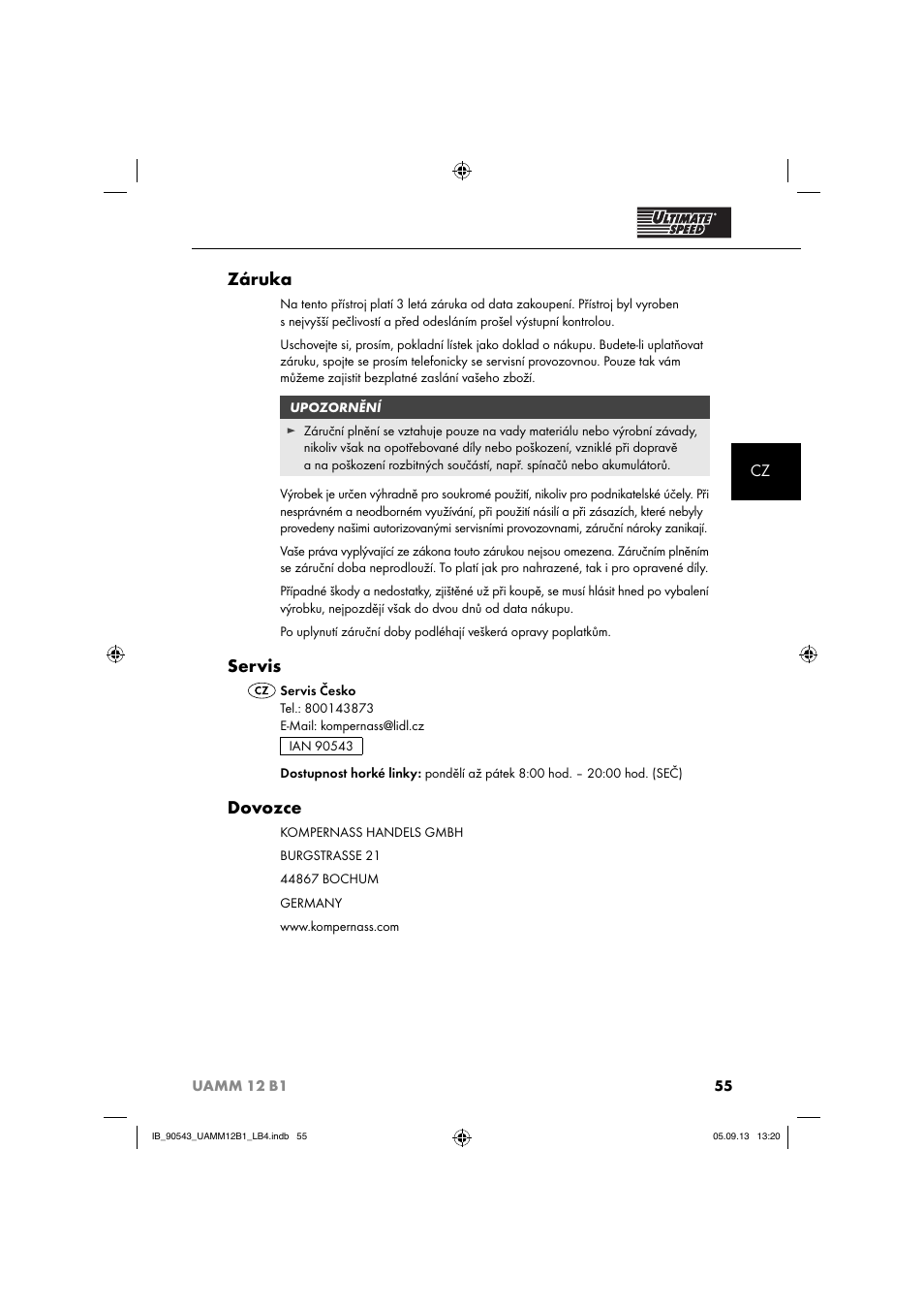 Záruka, Servis, Dovozce | Ultimate Speed UAMM 12 B1 User Manual | Page 58 / 87