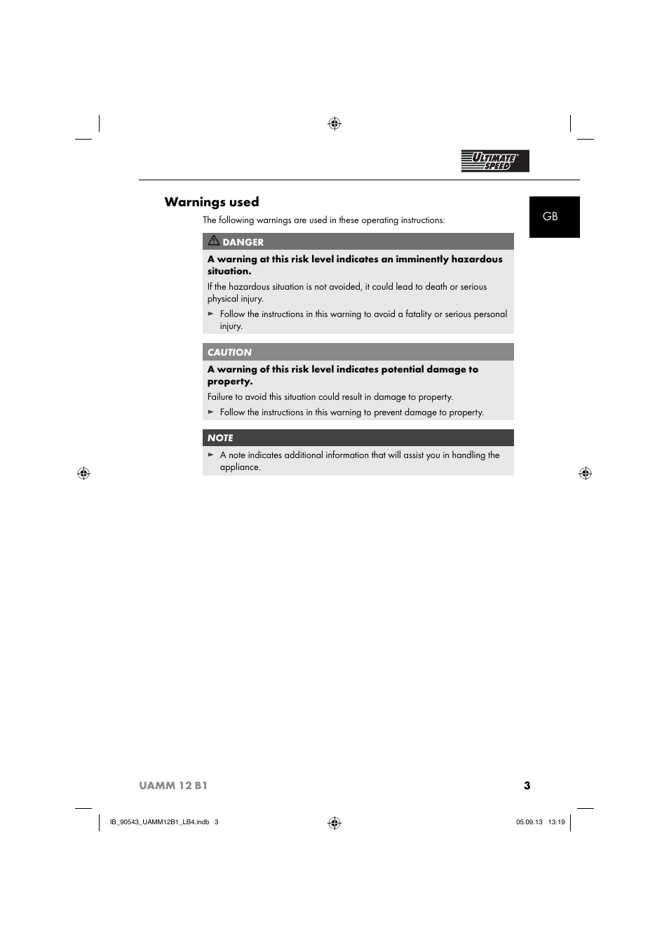 Warnings used | Ultimate Speed UAMM 12 B1 User Manual | Page 6 / 87