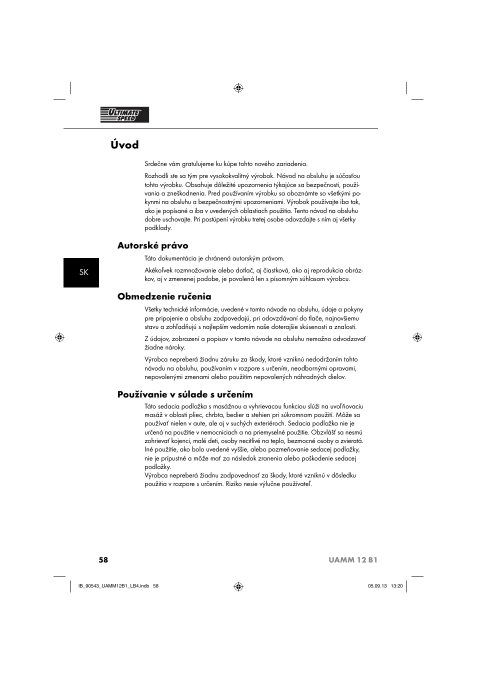 Úvod, Autorské právo, Obmedzenie ručenia | Používanie v súlade s určením | Ultimate Speed UAMM 12 B1 User Manual | Page 61 / 87