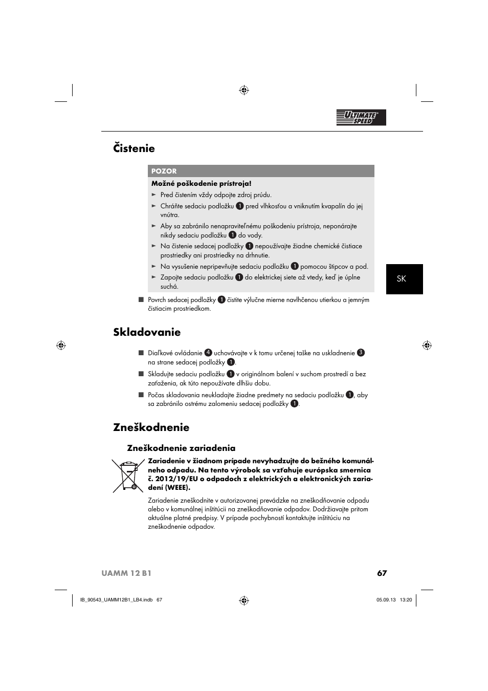 Čistenie, Skladovanie, Zneškodnenie | Zneškodnenie zariadenia | Ultimate Speed UAMM 12 B1 User Manual | Page 70 / 87