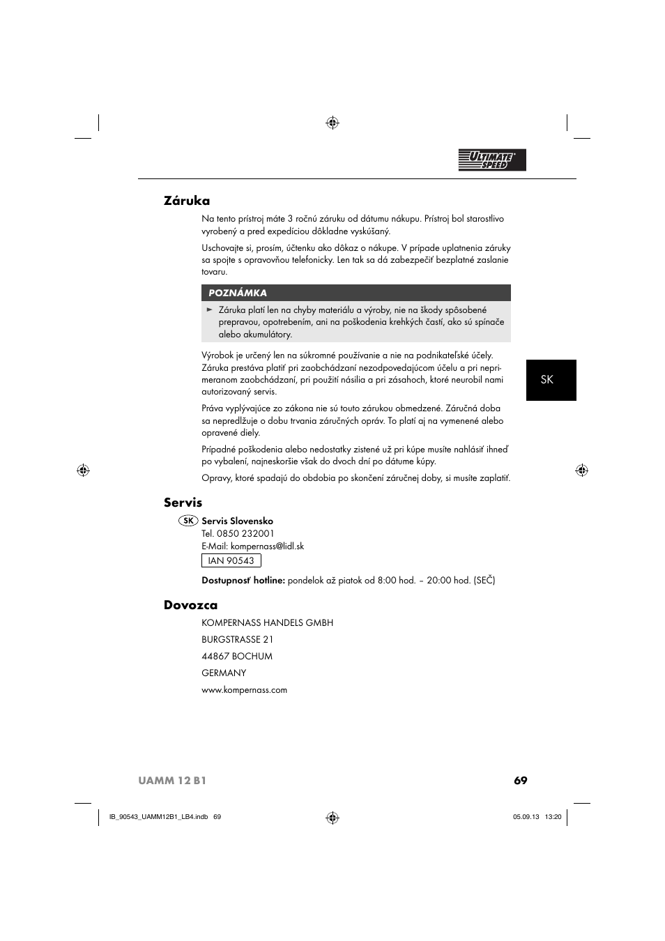 Záruka, Servis, Dovozca | Ultimate Speed UAMM 12 B1 User Manual | Page 72 / 87