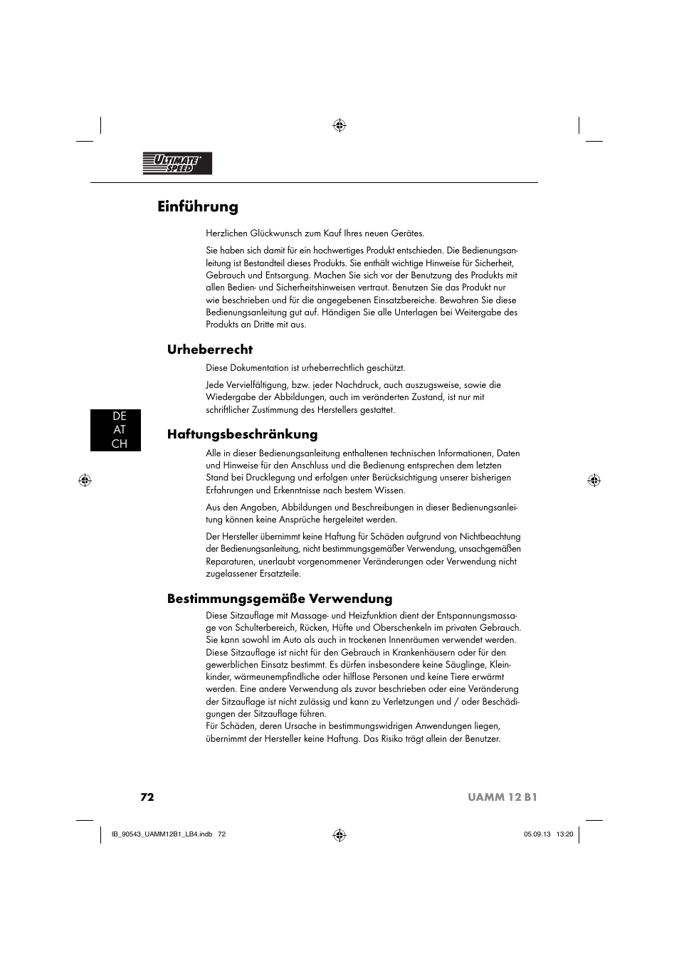 Einführung, Urheberrecht, Haftungsbeschränkung | Bestimmungsgemäße verwendung, De at ch | Ultimate Speed UAMM 12 B1 User Manual | Page 75 / 87