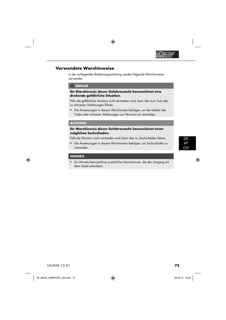 Verwendete warnhinweise, De at ch | Ultimate Speed UAMM 12 B1 User Manual | Page 76 / 87