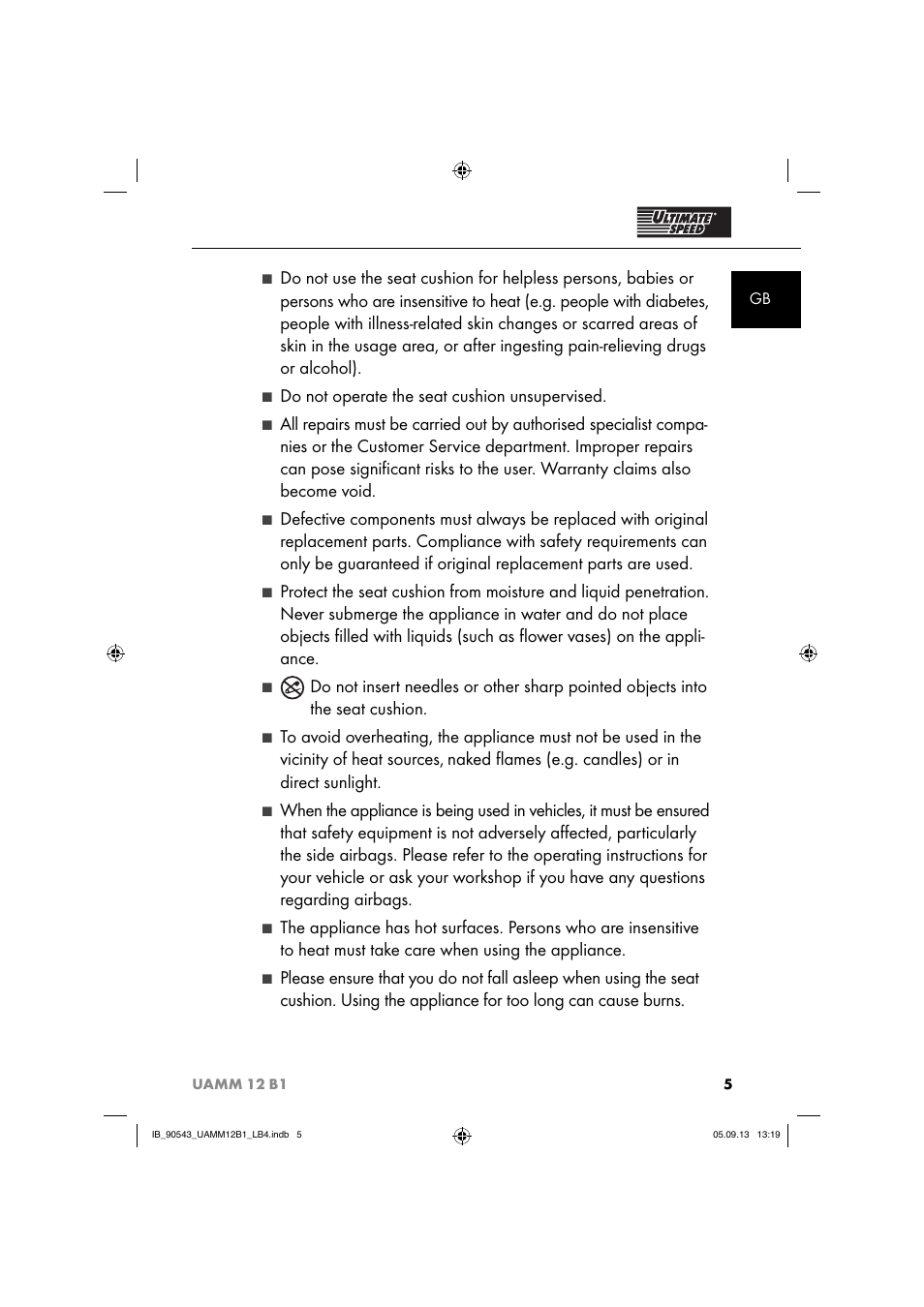 Do not operate the seat cushion unsupervised, Naked ﬂ ames (e.g. candles) or in direct sunlight | Ultimate Speed UAMM 12 B1 User Manual | Page 8 / 87