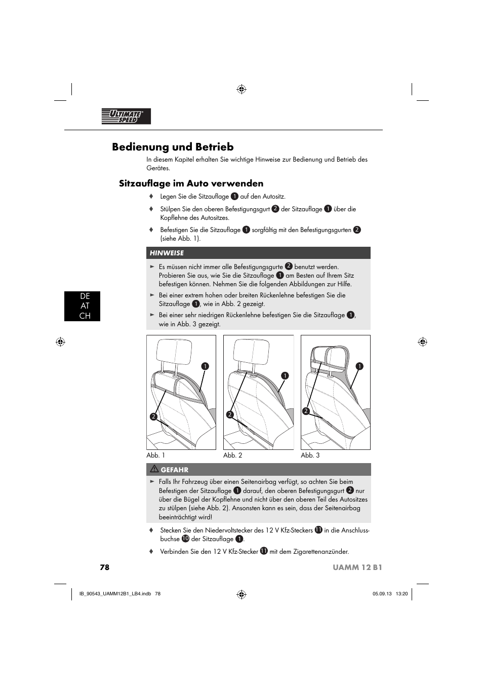 Bedienung und betrieb, Sitzauﬂ age im auto verwenden, De at ch | Ultimate Speed UAMM 12 B1 User Manual | Page 81 / 87