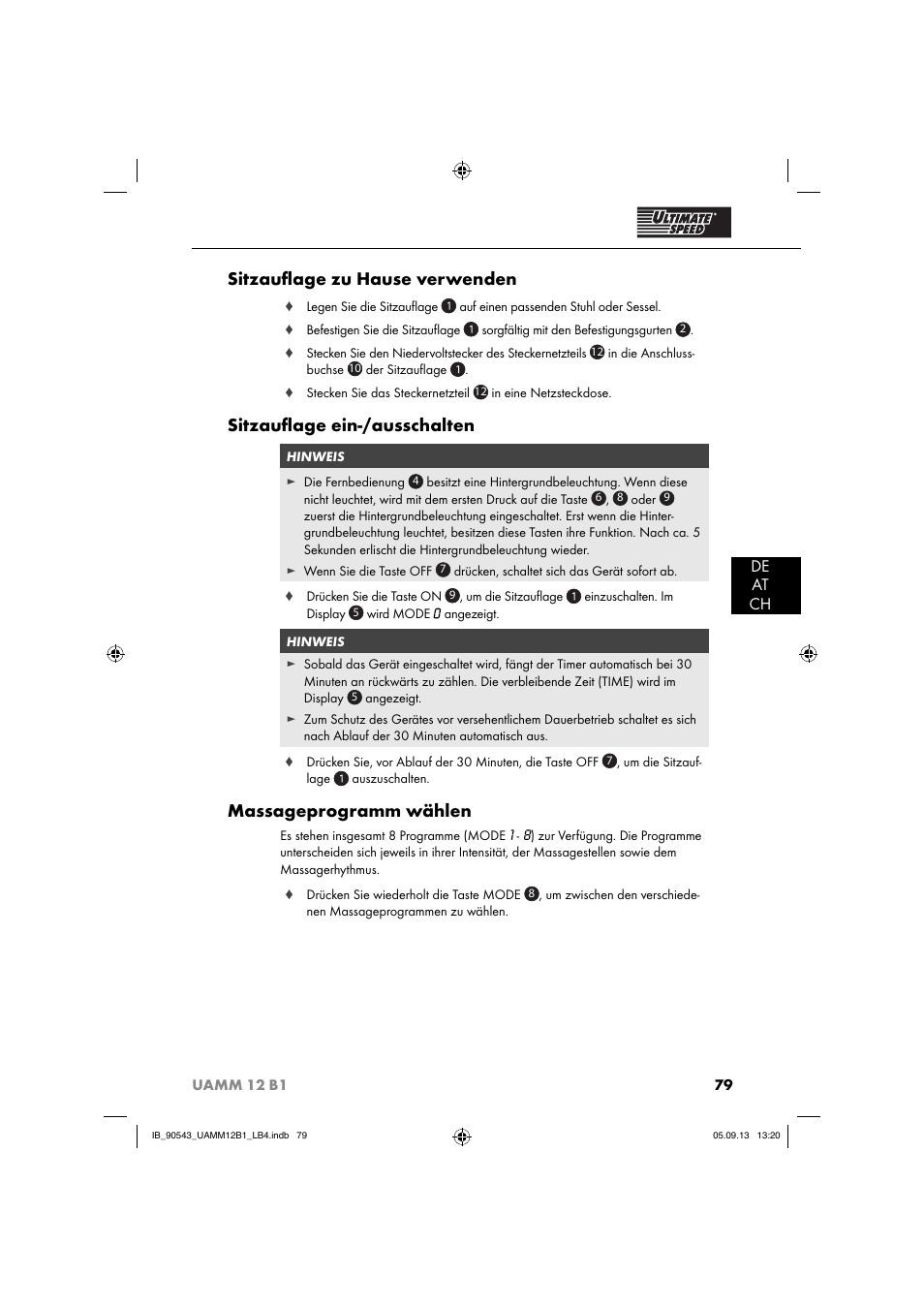 Sitzauﬂ age zu hause verwenden, Sitzauﬂ age ein-/ausschalten, Massageprogramm wählen | De at ch | Ultimate Speed UAMM 12 B1 User Manual | Page 82 / 87