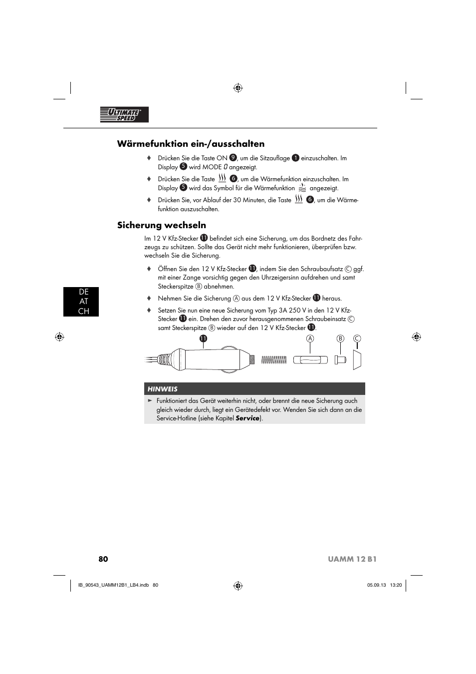 Wärmefunktion ein-/ausschalten, Sicherung wechseln, De at ch | Ultimate Speed UAMM 12 B1 User Manual | Page 83 / 87