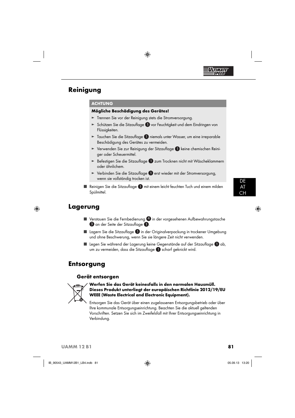 Reinigung, Lagerung, Entsorgung | De at ch, Gerät entsorgen | Ultimate Speed UAMM 12 B1 User Manual | Page 84 / 87