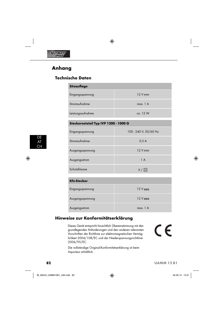 Anhang, Technische daten, Hinweise zur konformitätserklärung | De at ch | Ultimate Speed UAMM 12 B1 User Manual | Page 85 / 87