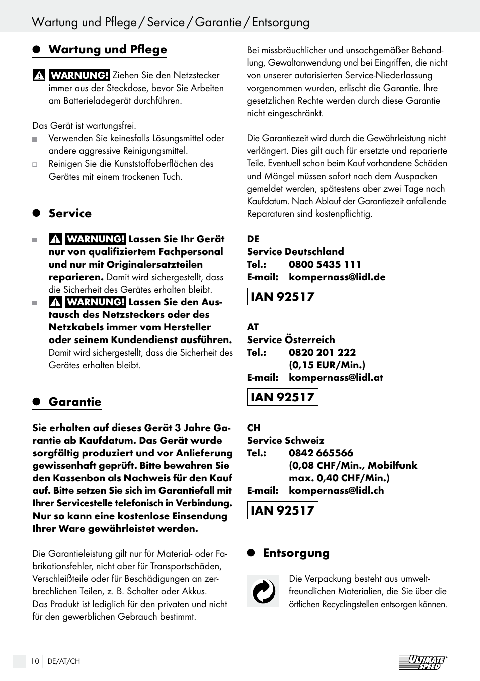 Wartung und pflege, Service, Garantie | Entsorgung | Ultimate Speed ULGD 3.8 A1 User Manual | Page 10 / 41