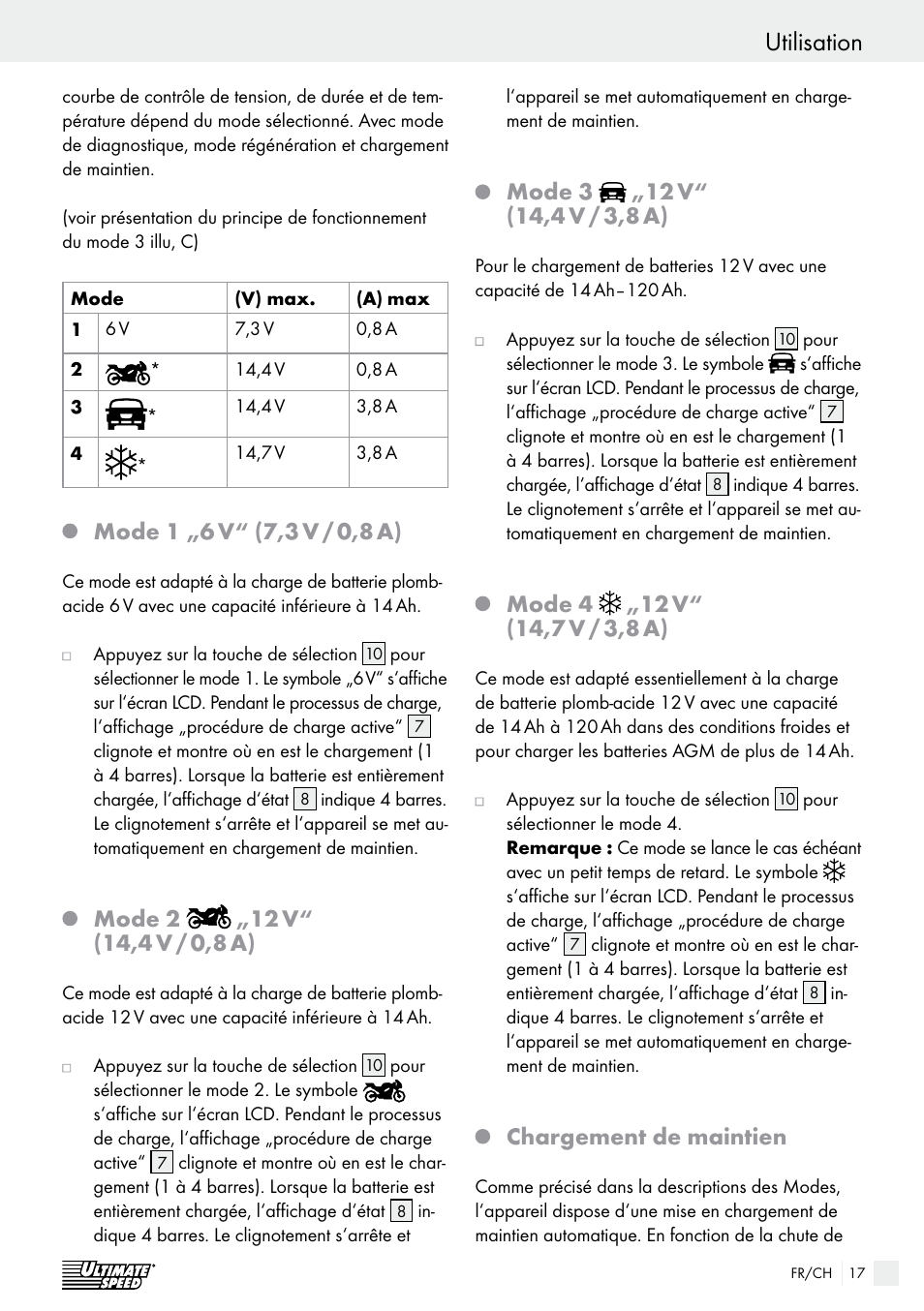 Utilisation, Mode 2, Mode 3 | Mode 4, Chargement de maintien | Ultimate Speed ULGD 3.8 A1 User Manual | Page 17 / 41