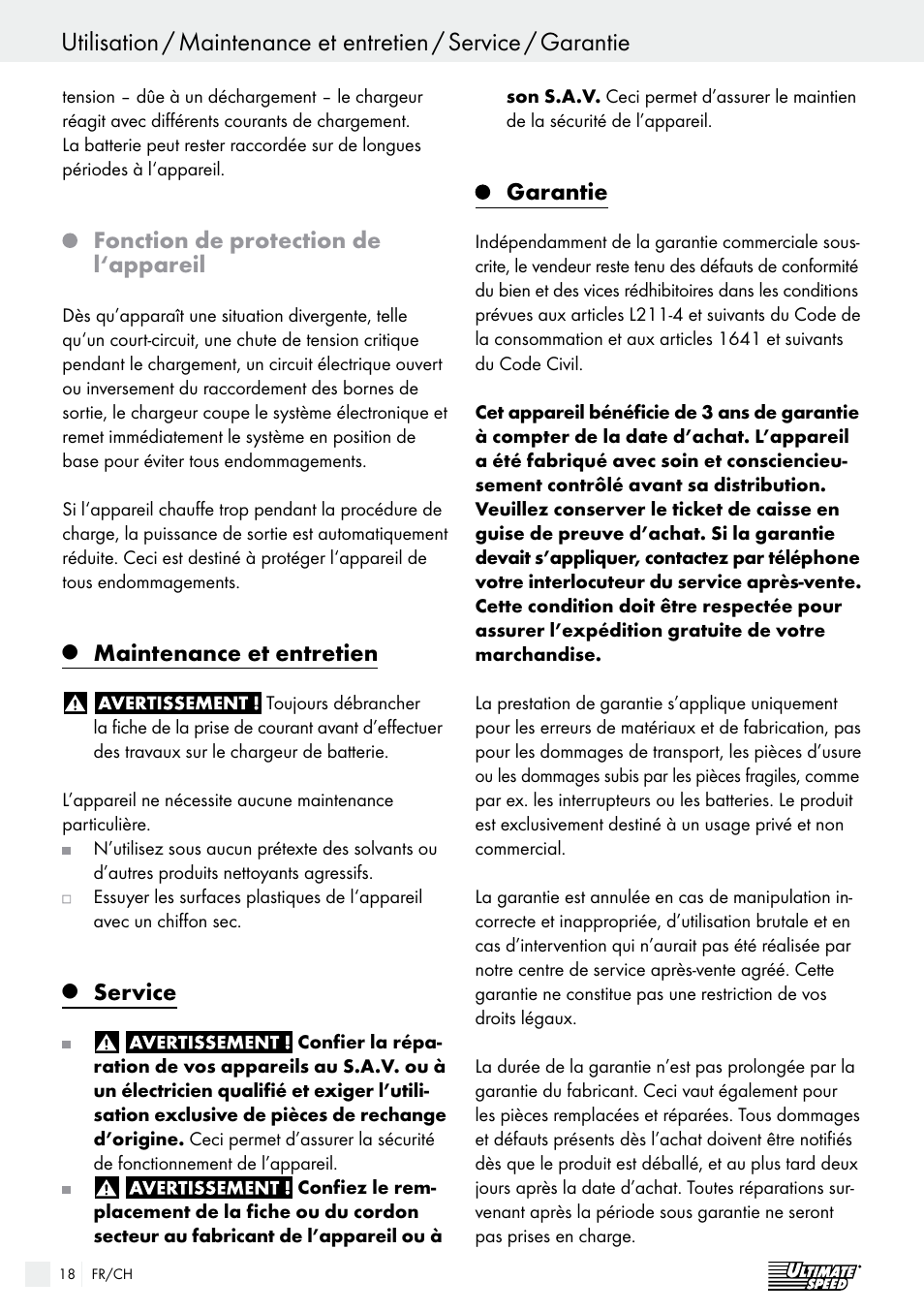 Fonction de protection de l‘appareil, Maintenance et entretien, Service | Garantie | Ultimate Speed ULGD 3.8 A1 User Manual | Page 18 / 41