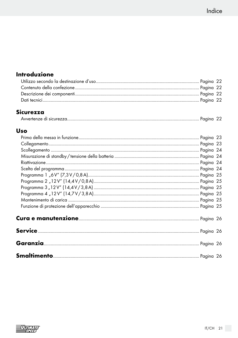 Indice, Introduzione, Sicurezza | Cura e manutenzione, Service, Garanzia, Smaltimento | Ultimate Speed ULGD 3.8 A1 User Manual | Page 21 / 41