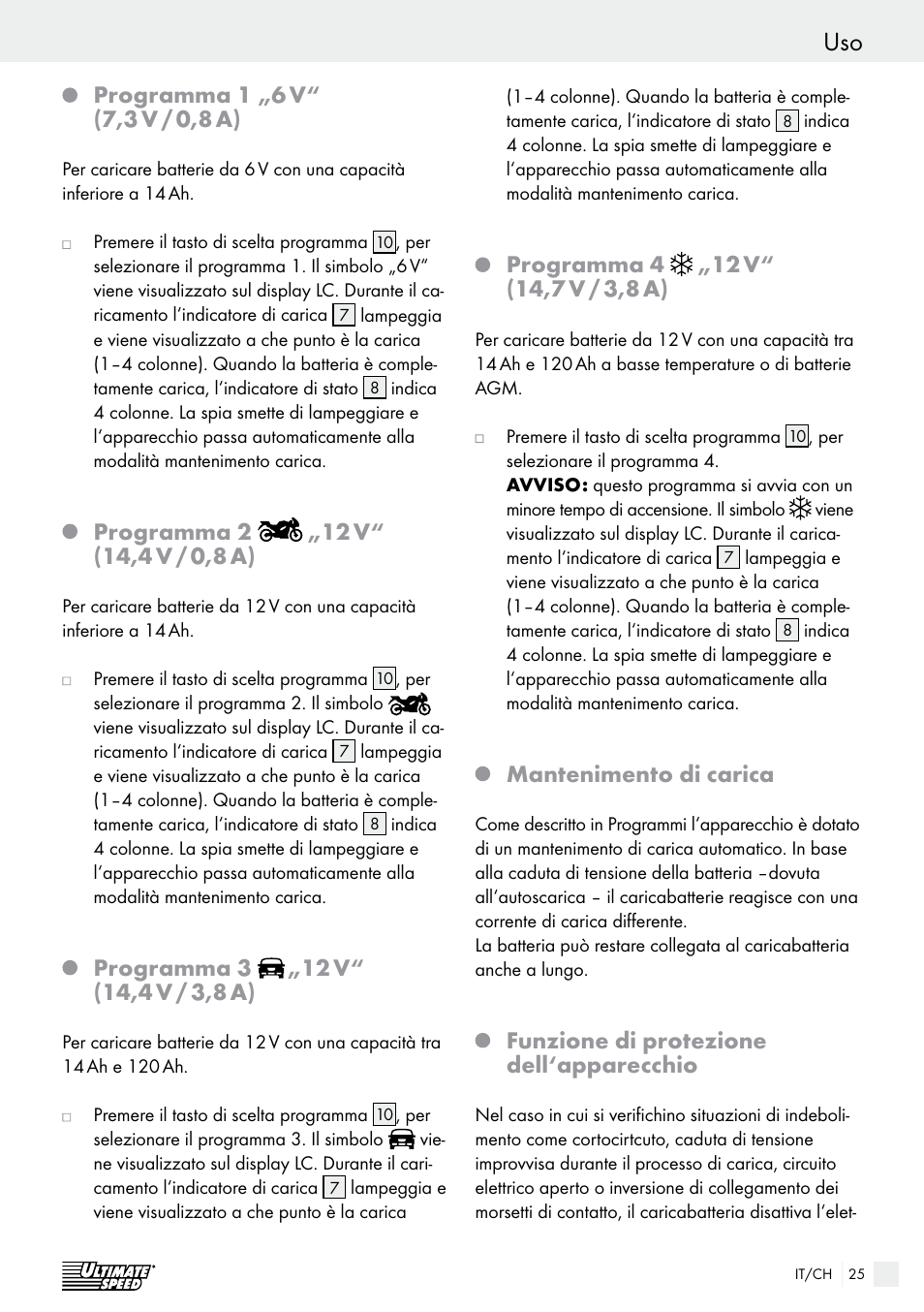 Programma 2, Programma 3, Programma 4 | Mantenimento di carica, Funzione di protezione dell‘apparecchio | Ultimate Speed ULGD 3.8 A1 User Manual | Page 25 / 41