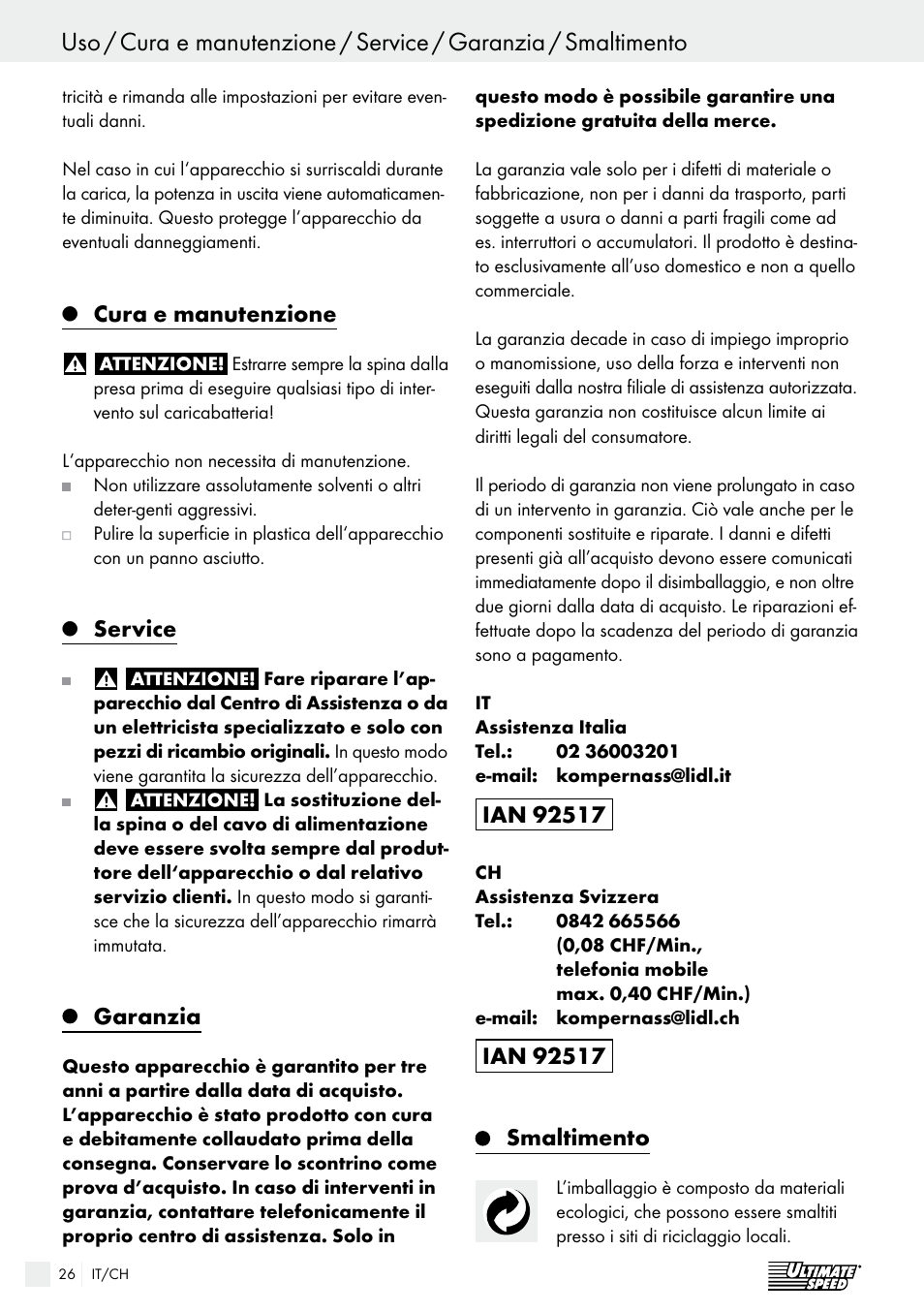 Cura e manutenzione, Service, Garanzia | Ultimate Speed ULGD 3.8 A1 User Manual | Page 26 / 41