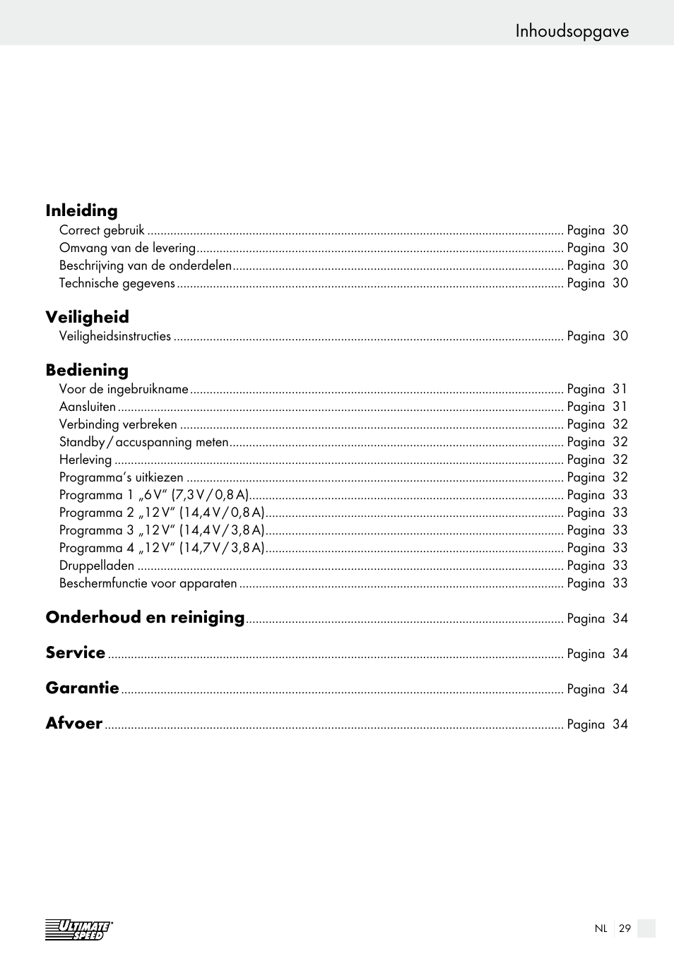 Inhoudsopgave, Inleiding, Veiligheid | Bediening, Onderhoud en reiniging, Service, Garantie, Afvoer | Ultimate Speed ULGD 3.8 A1 User Manual | Page 29 / 41