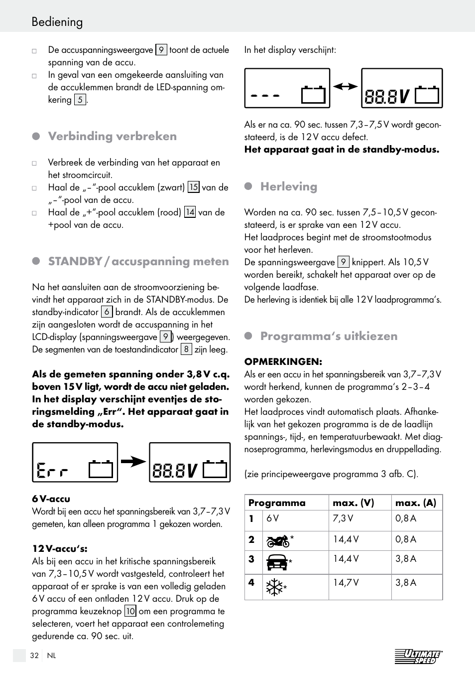 Bediening, Verbinding verbreken, Standby / accuspanning meten | Herleving, Programma‘s uitkiezen | Ultimate Speed ULGD 3.8 A1 User Manual | Page 32 / 41