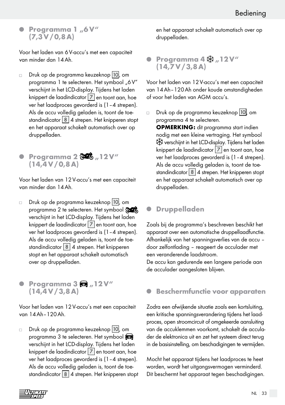 Bediening, Programma 2, Programma 3 | Programma 4, Druppelladen, Beschermfunctie voor apparaten | Ultimate Speed ULGD 3.8 A1 User Manual | Page 33 / 41