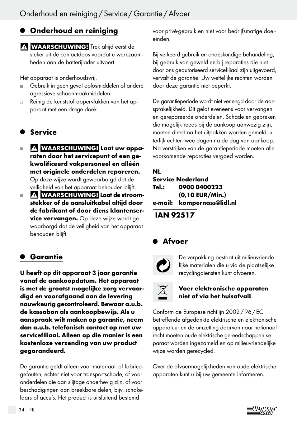 Onderhoud en reiniging, Service, Garantie | Ultimate Speed ULGD 3.8 A1 User Manual | Page 34 / 41