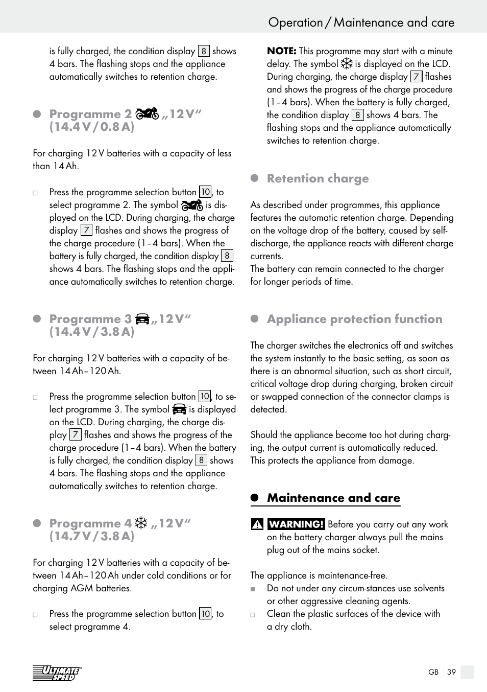 Operation / maintenance and care operation, Programme 2, Programme 3 | Programme 4, Retention charge, Appliance protection function, Maintenance and care | Ultimate Speed ULGD 3.8 A1 User Manual | Page 39 / 41