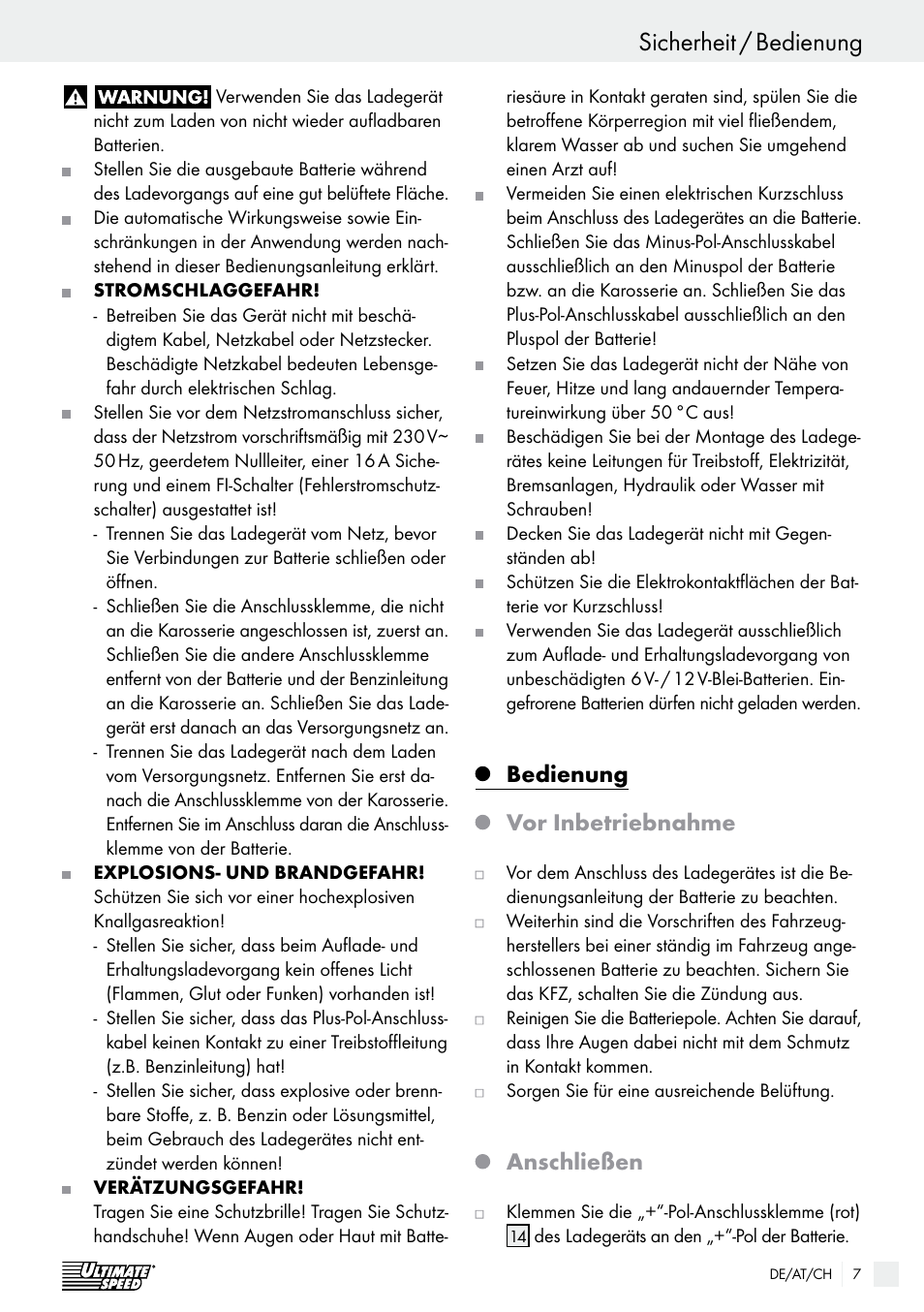 Einleitung / sicherheit sicherheit / bedienung, Bedienung vor inbetriebnahme, Anschließen | Ultimate Speed ULGD 3.8 A1 User Manual | Page 7 / 41