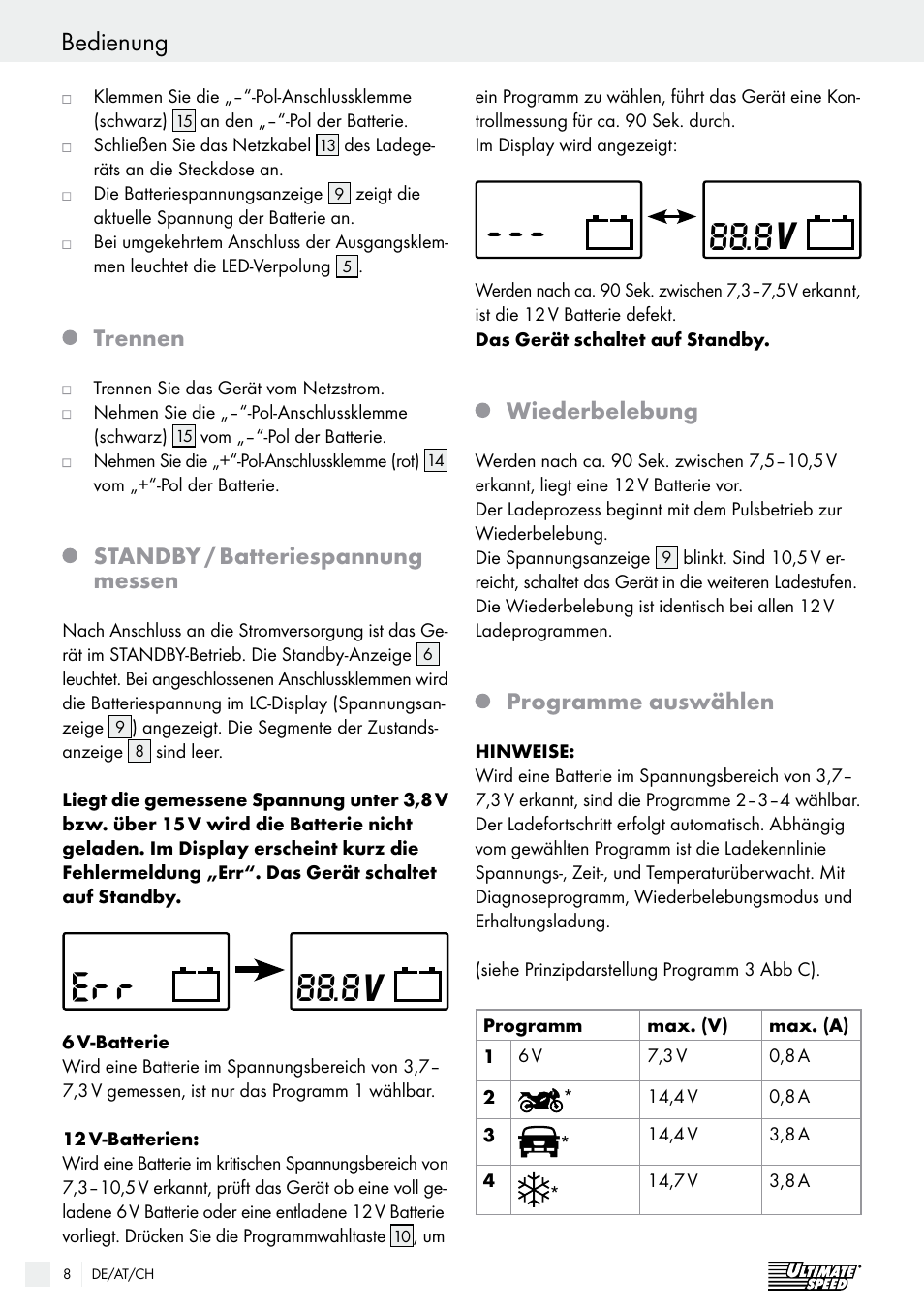 Bedienung, Trennen, Standby / batteriespannung messen | Wiederbelebung, Programme auswählen | Ultimate Speed ULGD 3.8 A1 User Manual | Page 8 / 41