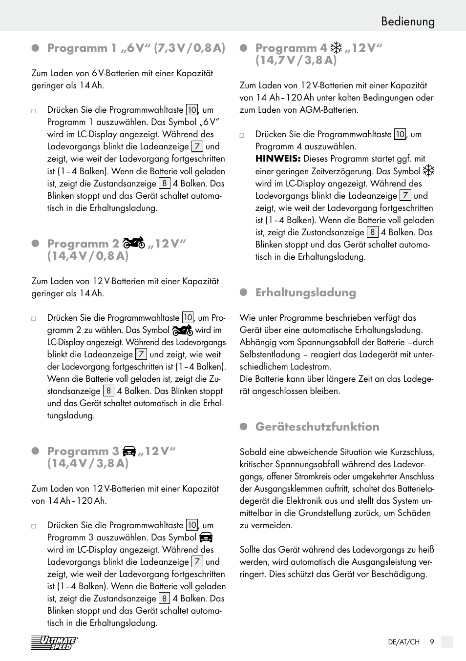 Bedienung, Programm 2, Programm 3 | Programm 4, Erhaltungsladung, Geräteschutzfunktion | Ultimate Speed ULGD 3.8 A1 User Manual | Page 9 / 41