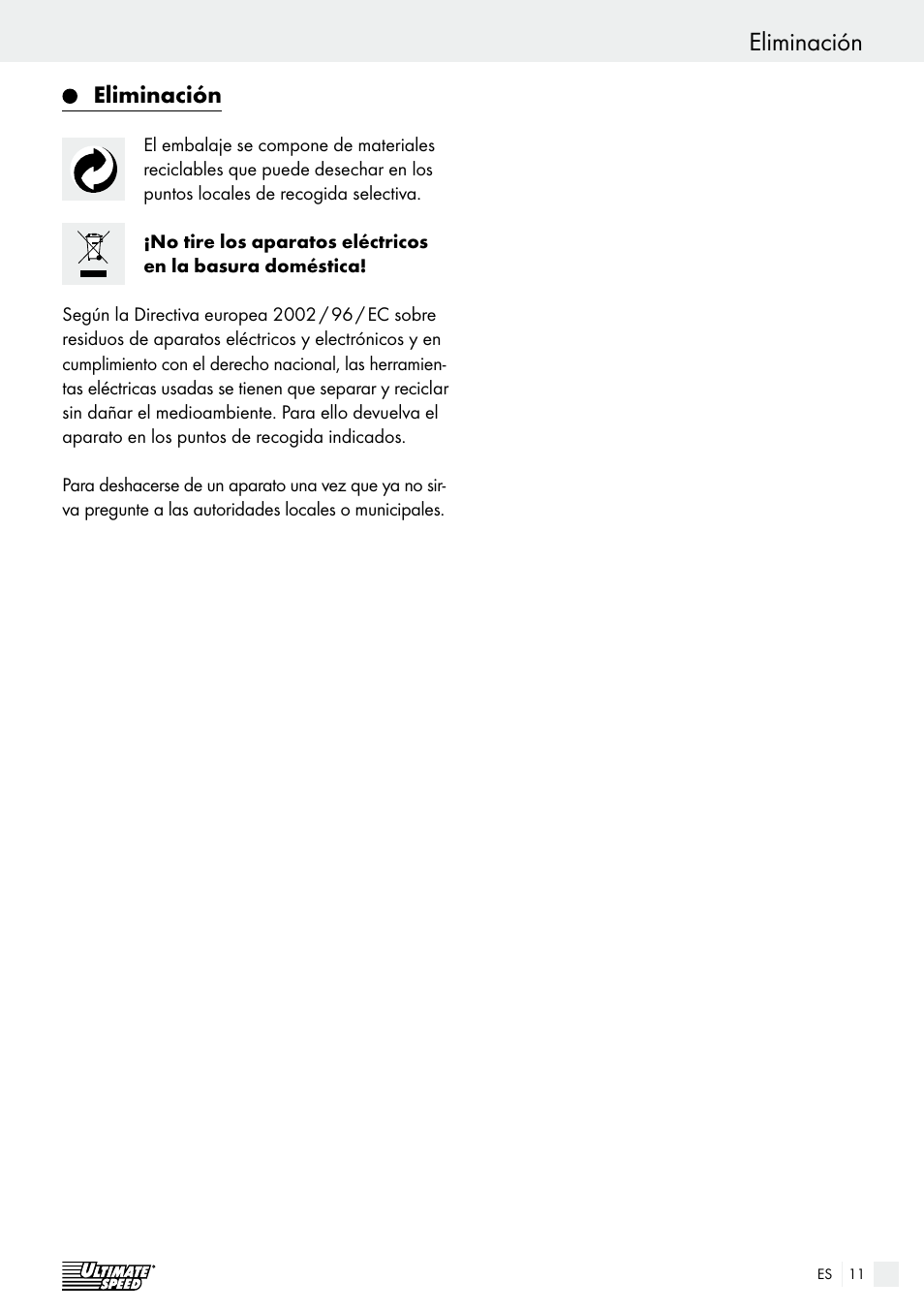 Eliminación | Ultimate Speed ULGD 3.8 A1 User Manual | Page 11 / 42