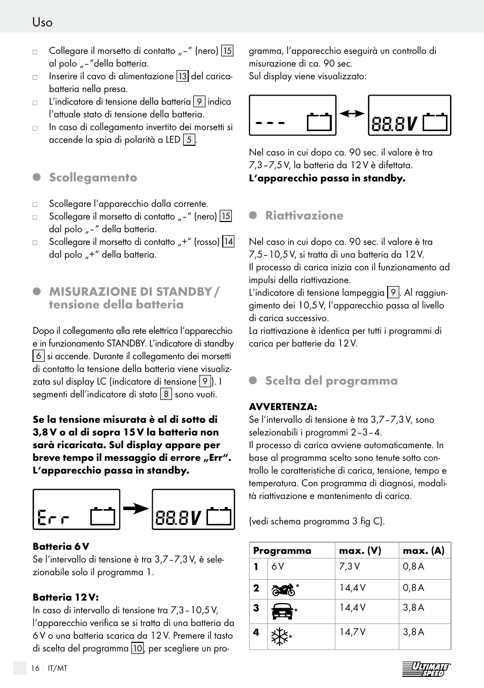 Scollegamento, Misurazione di standby / tensione della batteria, Riattivazione | Scelta del programma | Ultimate Speed ULGD 3.8 A1 User Manual | Page 16 / 42