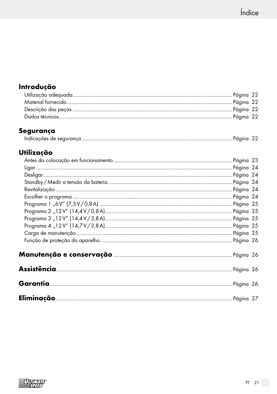 Índice, Introdução, Segurança | Utilização, Manutenção e conservação, Assistência, Garantia, Eliminação | Ultimate Speed ULGD 3.8 A1 User Manual | Page 21 / 42