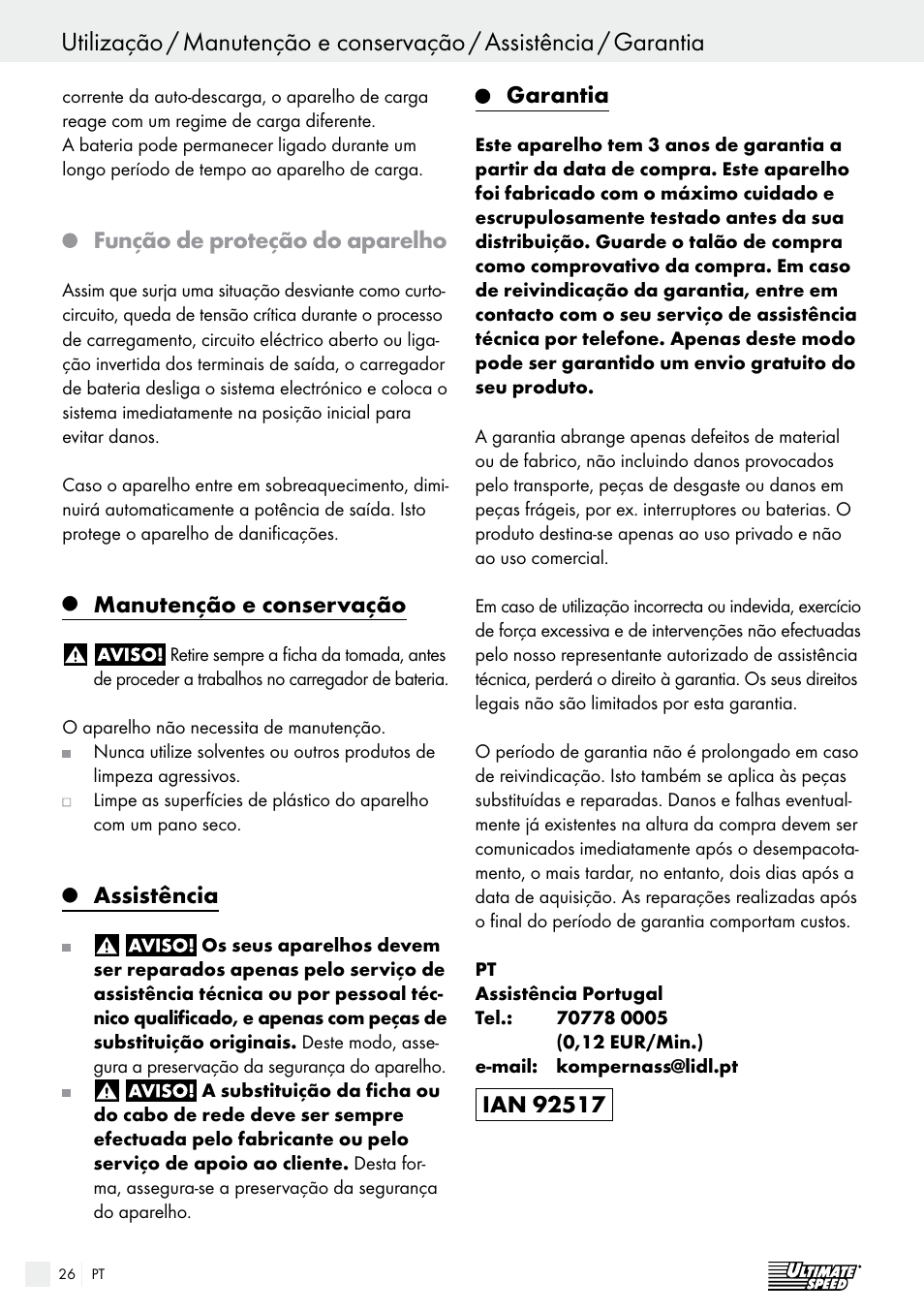 Eliminação, Função de proteção do aparelho, Manutenção e conservação | Assistência, Garantia | Ultimate Speed ULGD 3.8 A1 User Manual | Page 26 / 42