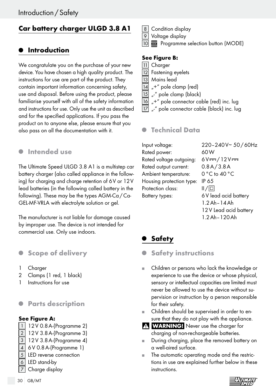 Safety / operation introduction / safety, Car battery charger ulgd 3.8 a1 introduction, Intended use | Scope of delivery, Parts description, Technical data, Safety, Safety instructions | Ultimate Speed ULGD 3.8 A1 User Manual | Page 30 / 42
