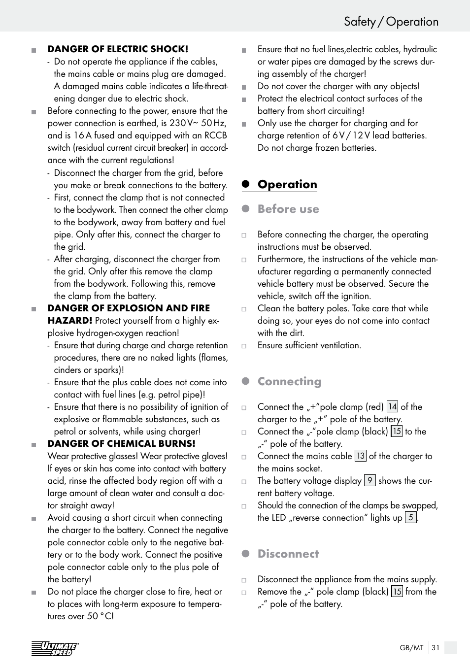 Safety / operation introduction / safety, Operation before use, Connecting | Disconnect | Ultimate Speed ULGD 3.8 A1 User Manual | Page 31 / 42