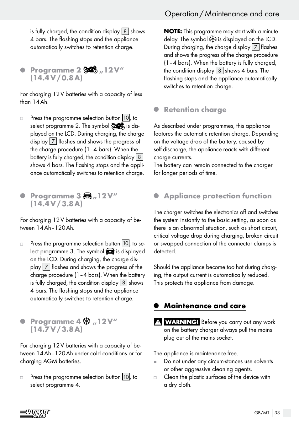 Operation / maintenance and care operation, Programme 2, Programme 3 | Programme 4, Retention charge, Appliance protection function, Maintenance and care | Ultimate Speed ULGD 3.8 A1 User Manual | Page 33 / 42