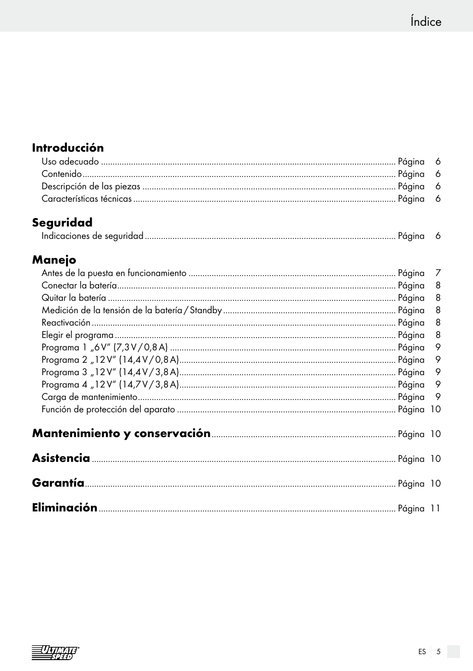 Índice, Introducción, Seguridad | Manejo, Mantenimiento y conservación, Asistencia, Garantía, Eliminación | Ultimate Speed ULGD 3.8 A1 User Manual | Page 5 / 42