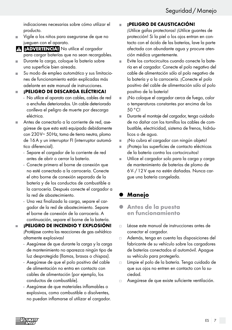 Seguridad / manejo introducción / seguridad, Manejo antes de la puesta en funcionamiento | Ultimate Speed ULGD 3.8 A1 User Manual | Page 7 / 42