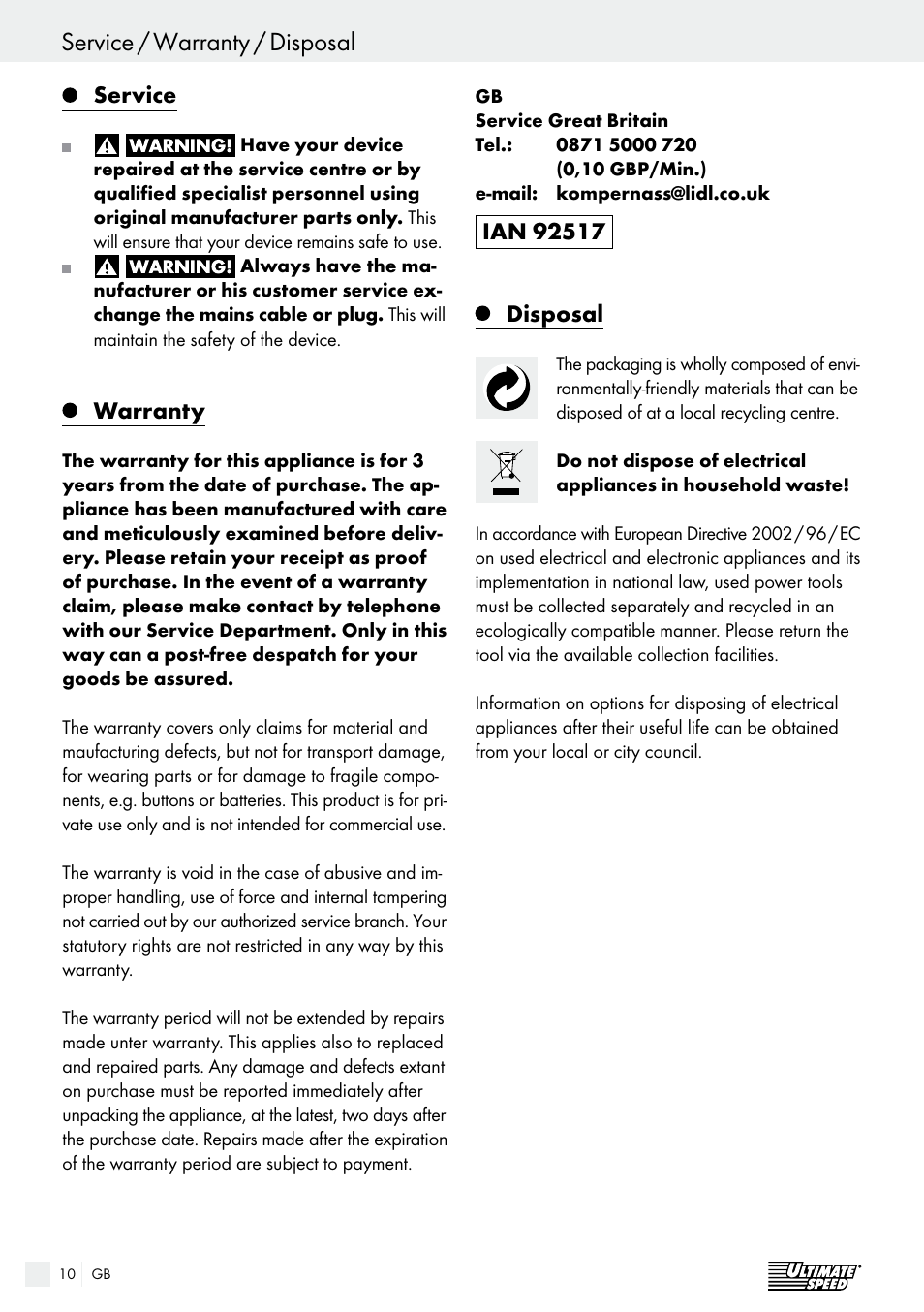 Service / warranty / disposal, Spis zawartości, Service | Warranty | Ultimate Speed ULGD 3.8 A1 User Manual | Page 10 / 52