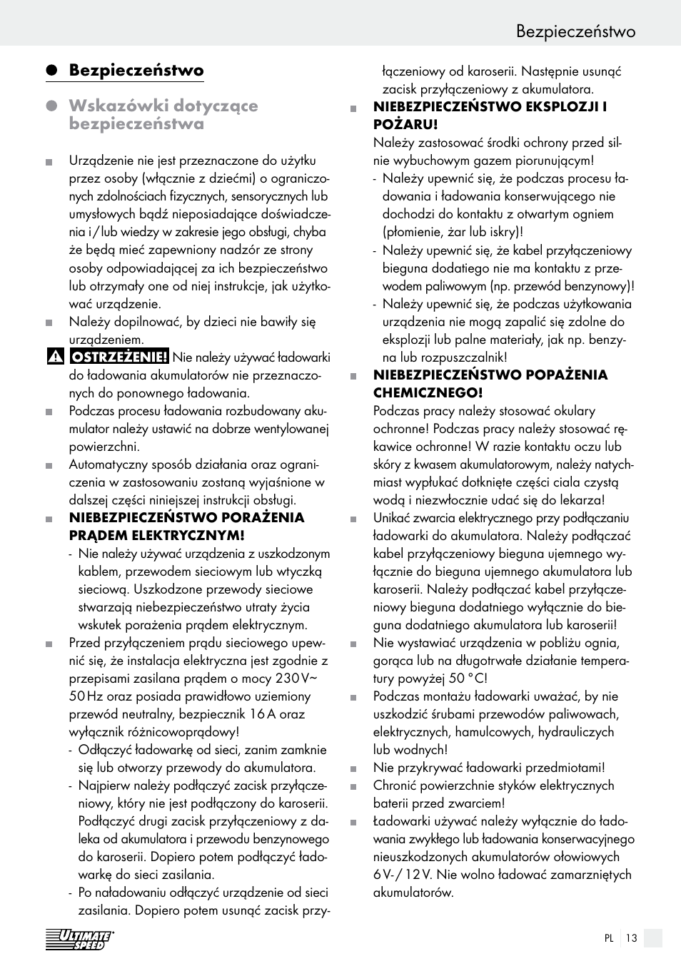 Bezpieczeństwo wstęp, Bezpieczeństwo, Wskazówki dotyczące bezpieczeństwa | Ultimate Speed ULGD 3.8 A1 User Manual | Page 13 / 52