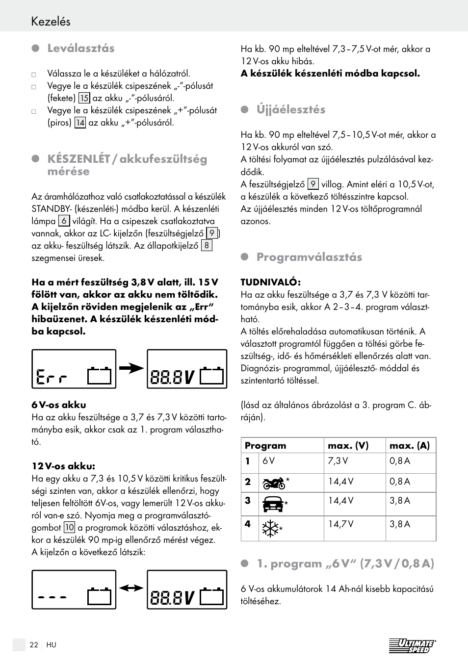 Kezelés / karbantartás és tisztítás kezelés, Leválasztás, Készenlét / akkufeszültség mérése | Újjáélesztés, Programválasztás | Ultimate Speed ULGD 3.8 A1 User Manual | Page 22 / 52