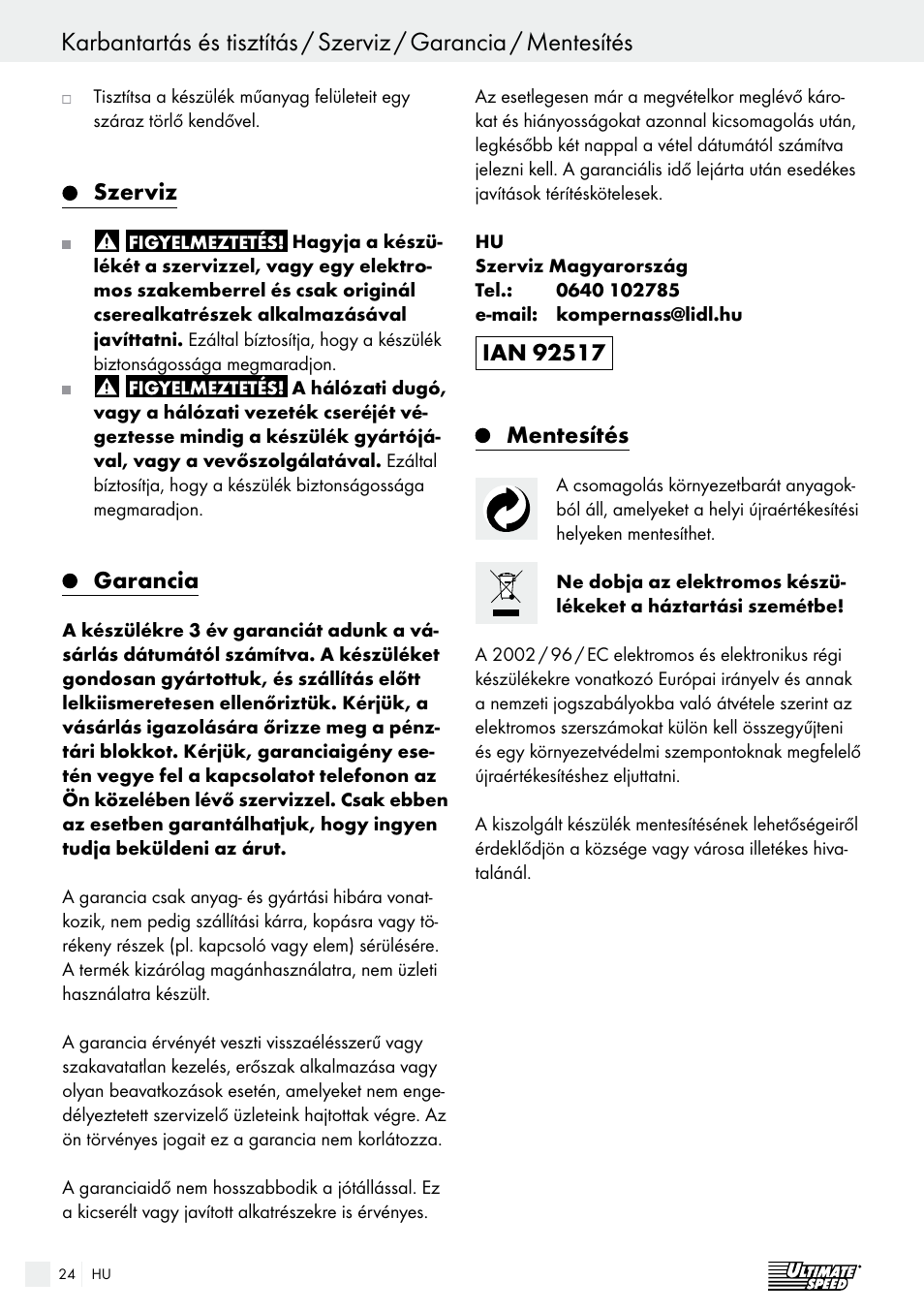 Kazalo, Szerviz, Garancia | Ultimate Speed ULGD 3.8 A1 User Manual | Page 24 / 52