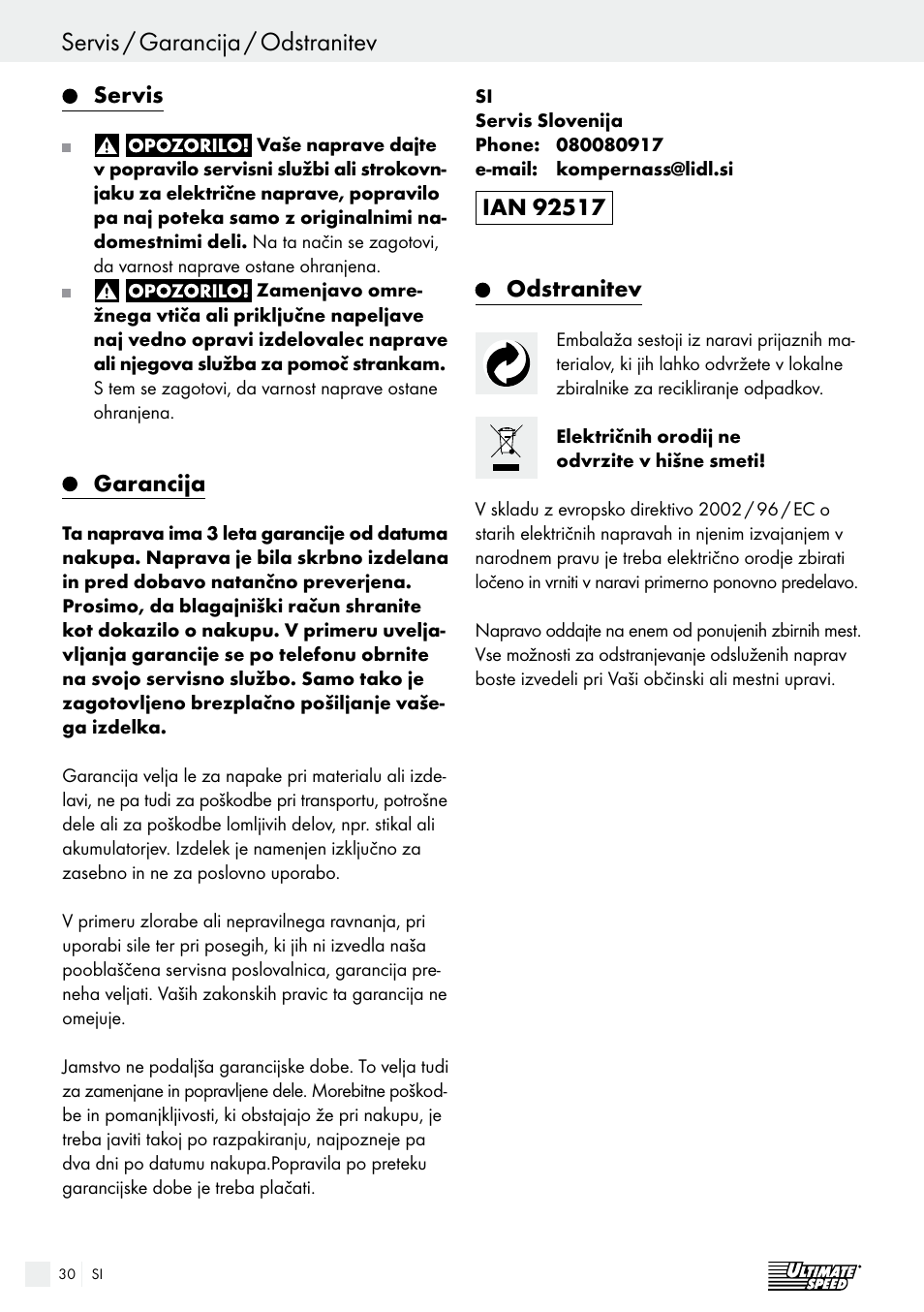 Servis / garancija / odstranitev, Garancijski list, Servis | Garancija | Ultimate Speed ULGD 3.8 A1 User Manual | Page 30 / 52