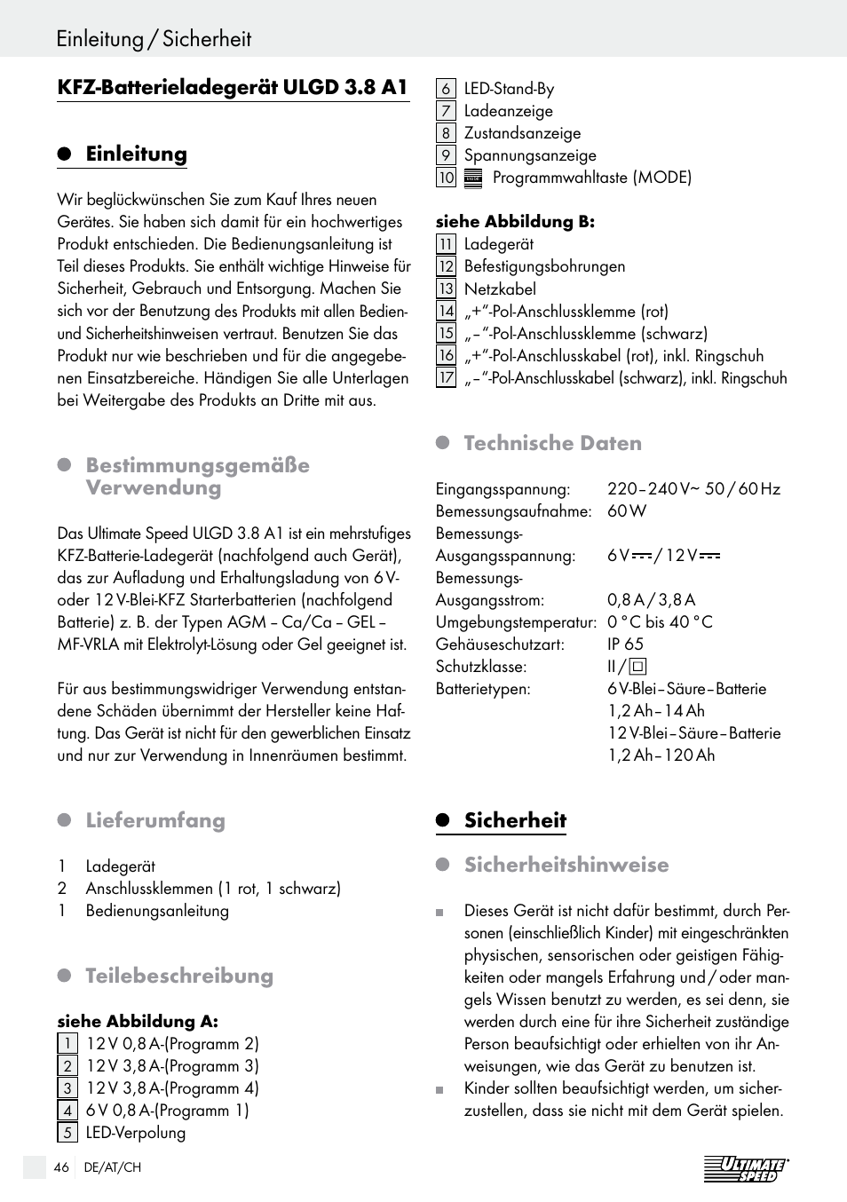 Einleitung / sicherheit sicherheit / bedienung, Kfz-batterieladegerät ulgd 3.8 a1 einleitung, Bestimmungsgemäße verwendung | Lieferumfang, Teilebeschreibung, Technische daten, Sicherheit, Sicherheitshinweise | Ultimate Speed ULGD 3.8 A1 User Manual | Page 46 / 52